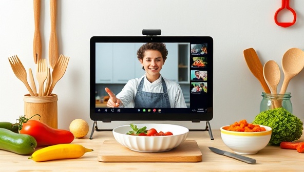 An online cooking class setup for kids, featuring colorful ingredients, cooking utensils, and a child-friendly cooking instructor on a video call, creating a fun and interactive learning environment for young aspiring chefs.