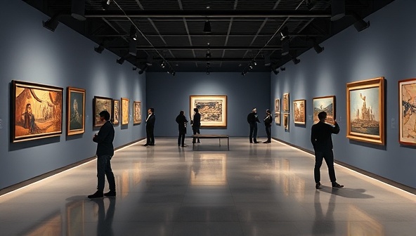 An immersive art exhibition tour environment with virtual gallery spaces, art pieces displayed in high resolution, and avatars of users exploring and interacting with the artwork, creating a sophisticated and visually captivating art experience.