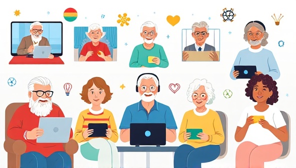 An inclusive digital illustration featuring diverse elderly individuals engaging in virtual social activities like group video calls, online games, and fitness classes, surrounded by cheerful colors and symbols of connectivity to convey a sense of community and positivity.