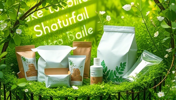 An artistic representation of biodegradable packaging materials in a lush green environment, symbolizing sustainability and nature-friendly practices.