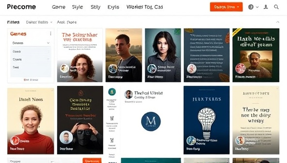 An interactive digital marketplace showcasing various writing portfolios in a visually appealing grid layout, with filters for genre, style, and expertise, inviting visitors to explore and discover new talent and creative works.