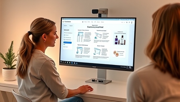 An engaging visualization of a virtual skincare consultation session on the SkinSense Virtual platform, with an esthetician providing personalized recommendations on a client's skincare routine, featuring skincare products and regimen charts on the screen, highlighting the expertise and professionalism of the service.
