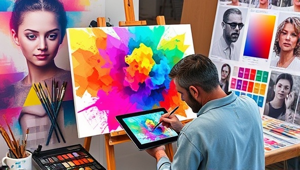 A digital canvas displaying a vibrant custom artwork creation in progress, with an artist sketching on a tablet, surrounded by paintbrushes, color palettes, and inspirational mood boards, capturing the essence of artistic collaboration and creativity.