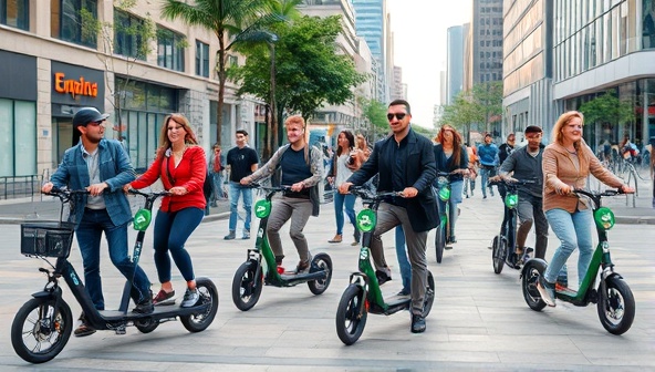 An urban setting with a diverse group of people using electric scooters and bikes from the CityCruise Subscription service, showcasing the convenience and eco-friendly nature of the urban mobility solution.