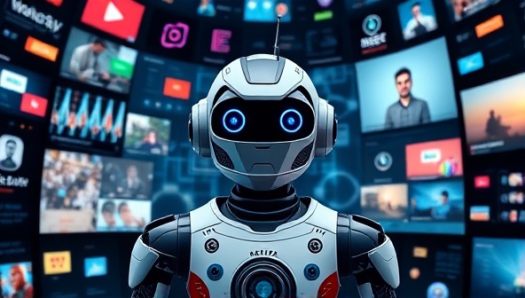 An AI-powered robot surrounded by digital screens and creative content elements, symbolizing the efficiency and innovation of ContentGenie in generating diverse and engaging content for businesses and creators.