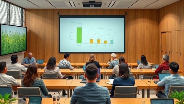An engaging visual representation of an online classroom environment with diverse avatars attending virtual lectures on energy efficiency, sustainability practices, and green technologies, showcasing a dynamic and interactive learning experience for participants.