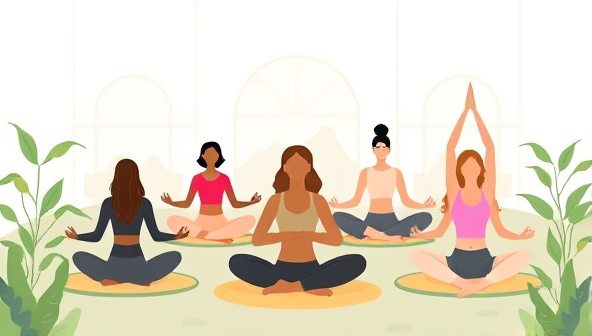 An inspiring digital illustration featuring a diverse group of individuals practicing yoga, meditation, and mindfulness in a virtual wellness coaching session, surrounded by natural elements and calming colors, creating a serene and welcoming atmosphere for well-being.