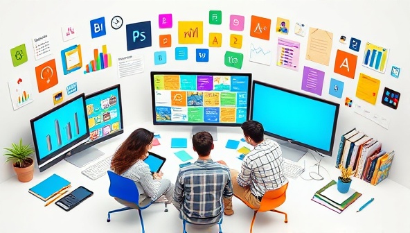 An innovative e-learning content development setup with a team brainstorming on digital devices, surrounded by colorful educational materials, interactive screens, and creative learning tools, symbolizing creativity and collaboration in e-learning design.