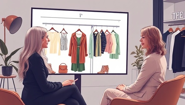 An artistic representation of a virtual styling consultation, featuring a stylist showcasing clothing options on a digital wardrobe screen, discussing outfit combinations with a subscriber in a stylish and interactive virtual setting, conveying fashion expertise and personalization.