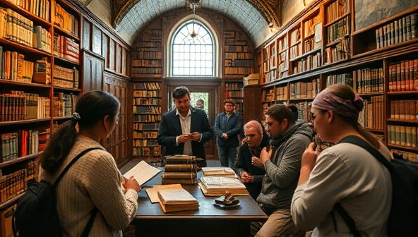 An immersive historical tour scene with participants exploring a vintage library or literary archive, surrounded by old manuscripts and artifacts, engaging in a writing session inspired by the historical setting, blending travel, culture, and storytelling in a captivating experience.