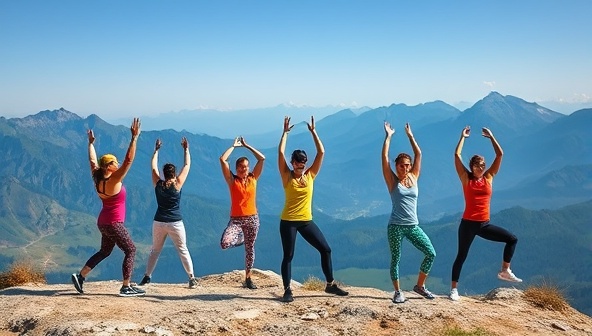 A breathtaking image of a group of fitness enthusiasts engaging in outdoor activities like hiking and yoga against the backdrop of a stunning natural landscape, with vibrant colors and dynamic poses capturing the sense of adventure and wellness.