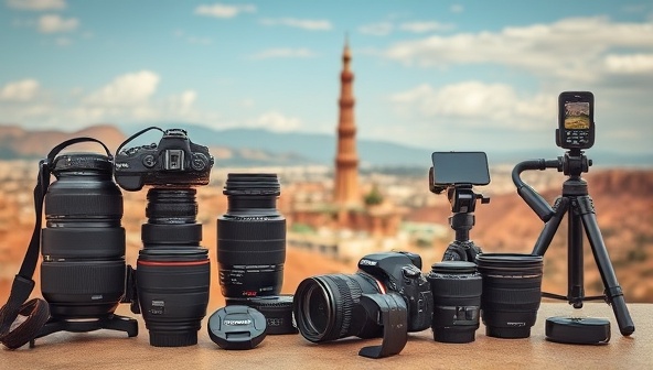 A professional camera setup with lenses, tripods, and photography accessories arranged on a picturesque travel scene backdrop, capturing a stunning landscape or iconic landmark, illustrating the essence of travel photography, creativity, and visual storytelling.