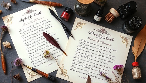 An elegant display of handwritten poems on decorative scrolls surrounded by quill pens, ink bottles, and dried flowers, evoking a sense of nostalgia and artistry in the personalized poetry writing service offered by Poetique Express.
