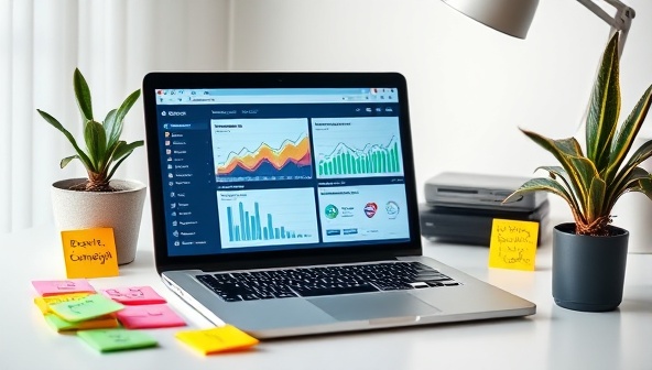 A modern home office setup with a sleek laptop showing social media analytics dashboards, surrounded by colorful post-it notes with creative campaign ideas and a plant for a touch of freshness, symbolizing productivity and creativity.