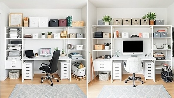 A virtual home office setup transformed from cluttered to organized, showcasing neatly arranged shelves, labeled storage bins, and a minimalist desk, creating a visually appealing and functional workspace, representing the transformation achieved through virtual home organization consultations.