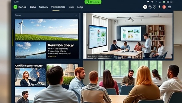 An online learning platform interface displaying renewable energy course modules, a virtual classroom setting, and a diverse group of students engaging in discussions, highlighting the educational and interactive aspects of the platform.