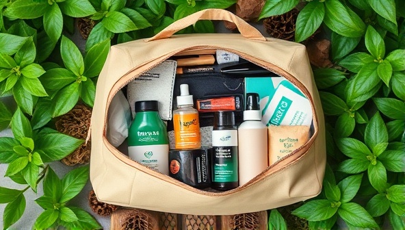 An array of eco-friendly travel essentials neatly packed in a sustainable and biodegradable travel bag, surrounded by lush greenery and natural elements, highlighting the eco-conscious and convenient nature of EcoPacker.