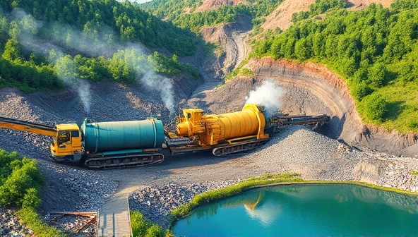An artistic depiction of a mining site with advanced recycling machinery transforming waste materials into reusable resources, surrounded by lush greenery and clean water bodies, symbolizing the concept of eco-friendly mining waste management.