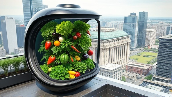 An artistic rendering of a sleek, futuristic vertical farming pod on a city rooftop, showcasing a variety of vibrant vegetables and herbs growing vertically, with a backdrop of skyscrapers and green spaces.