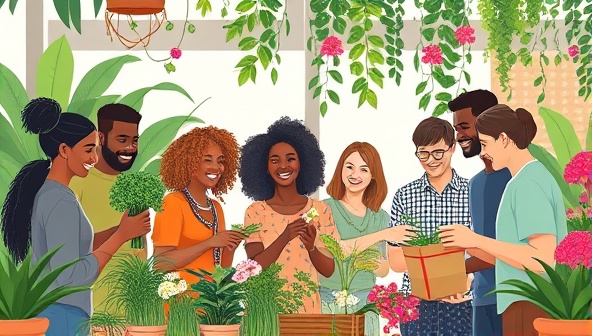 An artistic illustration of a diverse group of people joyfully exchanging plants in a virtual setting, surrounded by lush greenery and vibrant blooms, capturing the essence of community and shared plant passion.