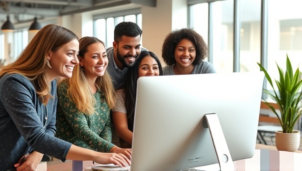 A diverse group of smiling individuals of different ages and professions collaborating around a computer screen, creatively designing a website together in a modern and inviting workspace.