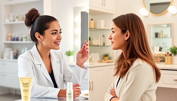 A split-screen image featuring a beauty consultant engaging in a virtual consultation with a client, showcasing various skincare products and makeup tools in the background, creating a virtual beauty studio atmosphere.