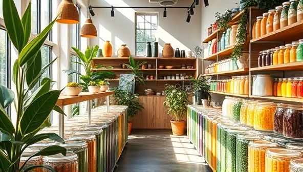 An inviting store interior showcasing rows of refillable containers filled with colorful eco-friendly products, accompanied by leafy green plants and natural light streaming in, evoking a sense of freshness and sustainability.