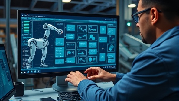 A digital automation specialist configuring an automated workflow process on a computer screen, with robotic arms symbolizing efficiency and speed in business operations, creating a futuristic and tech-savvy automation concept.
