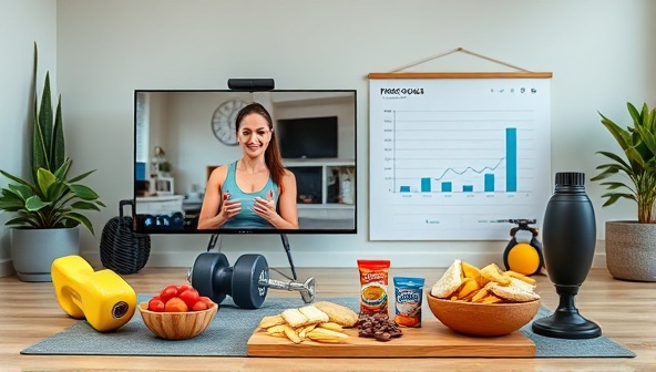 A motivating virtual fitness coaching scene with a coach guiding participants through a workout session via video call, displaying fitness equipment, healthy snacks, and a progress chart in the background, creating a dynamic and supportive fitness environment.