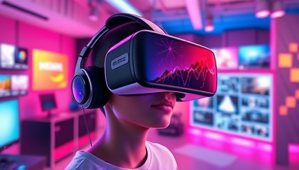 An imaginative depiction of a virtual reality headset transporting a user into a vibrant digital studio filled with interactive web design tools and futuristic interfaces, illustrating the limitless creativity of VRWebWorks.