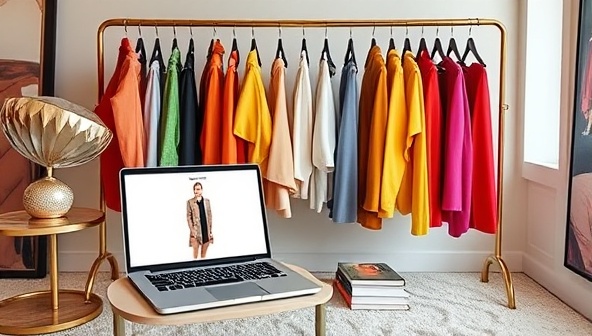 A chic and sophisticated virtual styling studio setup with a rack of colorful clothing pieces, style guides, and a laptop displaying a color analysis session, creating an elegant and empowering ambiance for clients seeking fashion advice from ChromaChic Consult.