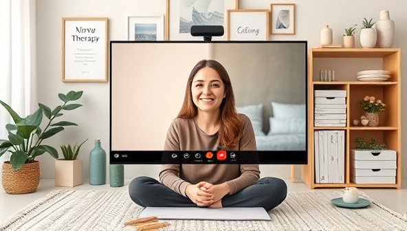 A virtual therapy session setup with a therapist providing support and guidance to a client via video call, with calming decor, therapy resources, and mindfulness tools in the background, creating a safe and supportive space for online mental health coaching and counseling.