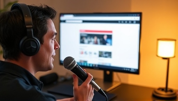 An individual speaking into a microphone while browsing a website on a screen, with voice recognition technology in action and intuitive voice commands displayed on the interface, illustrating the concept of voice-activated website navigation.
