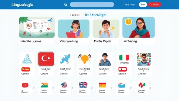 An online language learning interface showcasing interactive lessons, virtual speaking practice sessions, and AI tutoring features with a diverse selection of languages and cultural elements, highlighting the immersive and engaging language learning experience offered by LinguaLogic.