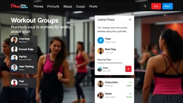 A dynamic and interactive fitness social network interface featuring user profiles, workout group chats, progress trackers, and virtual event calendars, creating a vibrant and engaging online fitness community.