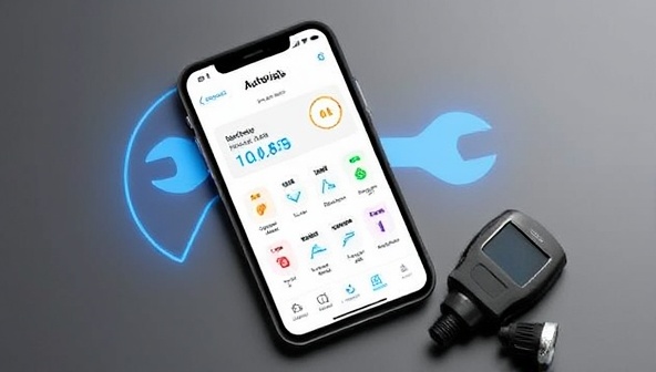 A smartphone displaying the AutoVitals app interface with vehicle health metrics and alerts, surrounded by a digital wrench symbol and a diagnostic tool, illustrating advanced vehicle monitoring and maintenance capabilities.