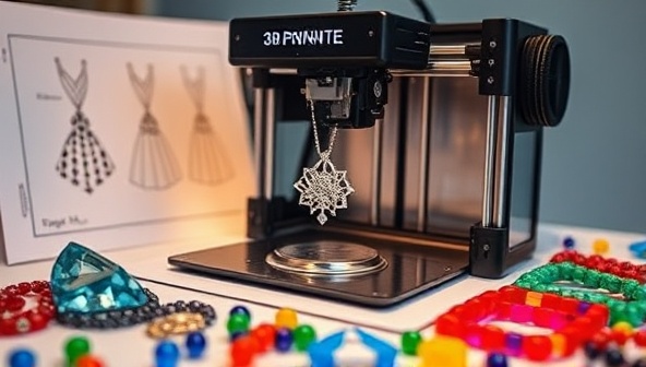 An artistic image showcasing a 3D printer creating a delicate custom jewelry piece, surrounded by design sketches, gemstones, and colorful beads, capturing the essence of craftsmanship and innovation in the jewelry-making process.