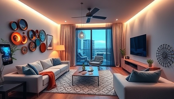 A contemporary living room equipped with smart home automation devices controlling lighting, temperature, and entertainment systems, with a homeowner using a mobile app to monitor energy usage and adjust settings, creating a futuristic and sustainable living environment offered by EcoSync Living.
