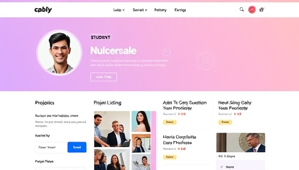 An online platform interface featuring a student profile with a sleek web design portfolio, alongside a section displaying various project listings from businesses seeking design services, highlighting the platform's matchmaking functionality.