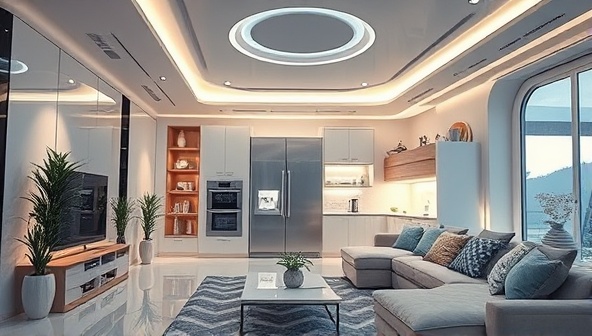 A futuristic home environment with smart devices from SmartEco Homes seamlessly controlling lighting, temperature, and appliances, creating a modern and energy-efficient living space that prioritizes sustainability and convenience.