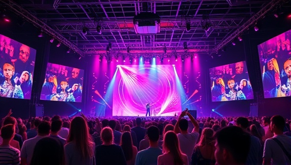 A vibrant digital stage setup with holographic effects, showcasing a virtual concert with a diverse crowd of avatars enjoying the music, conveying a dynamic and immersive experience.
