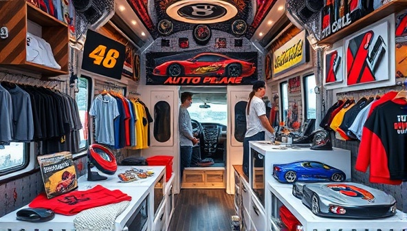 A creatively designed mobile boutique showcasing automotive merchandise, the interior filled with car accessories, apparel, and collectibles, customers browsing and interacting with the products, colorful displays and themed decorations, capturing the essence of a dynamic and immersive pop-up retail experience.