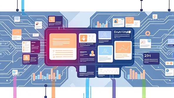 An illustration of a futuristic AI system with a digital interface showing various content topics being generated in real-time, conveying speed, efficiency, and innovation.