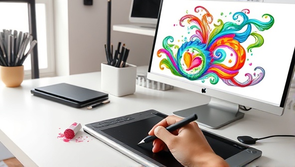 A digital artist's workspace with a stylus pen, drawing tablet, and a computer screen displaying a vibrant and intricate digital illustration in progress, highlighting the creative process and personalized artistry of the service.