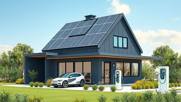 An artist's rendering of a modern energy-positive smart home powered by solar panels and battery storage, featuring smart devices optimizing energy usage, electric vehicle charging station, and lush green landscaping, illustrating a self-sufficient and sustainable living environment with minimal carbon footprint.