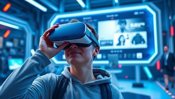 An engaging visual of a person wearing a VR headset, exploring a virtual representation of a website design, surrounded by a futuristic digital environment, highlighting the immersive experience offered by VRWebStudio.