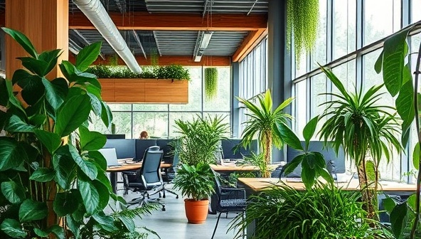 An office space filled with lush green plants, natural light, and wooden accents, creating a serene and rejuvenating work environment that promotes productivity and well-being among employees, embodying the essence of biophilic office design.