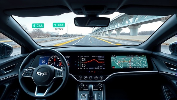 An image of a sleek car dashboard displaying futuristic autonomous driving features, such as sensor readings, navigation prompts, and a digital map, highlighting the convenience and safety of the retrofitting service.