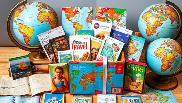 A colorful and vibrant box filled with travel souvenirs, maps, postcards, and exotic snacks, surrounded by globes and travel guides, creating a sense of adventure and discovery.