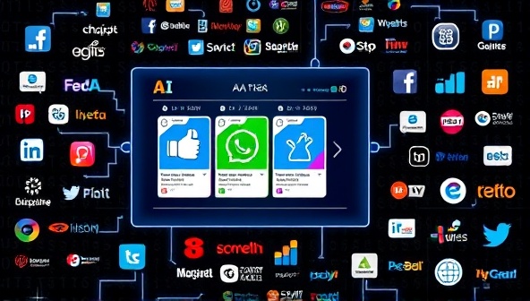 An illustration of a futuristic AI interface displaying colorful social media posts being generated and scheduled automatically, with a diverse set of business logos in the background, symbolizing broad industry applicability.